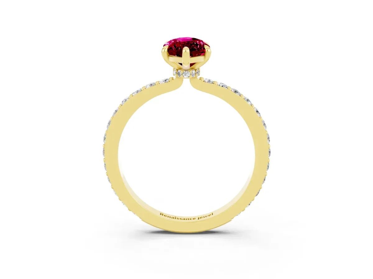 Marquise Cut Garnet Solitaire Engagement Ring with Pavé Band and Four-Prong Setting Yellow gold