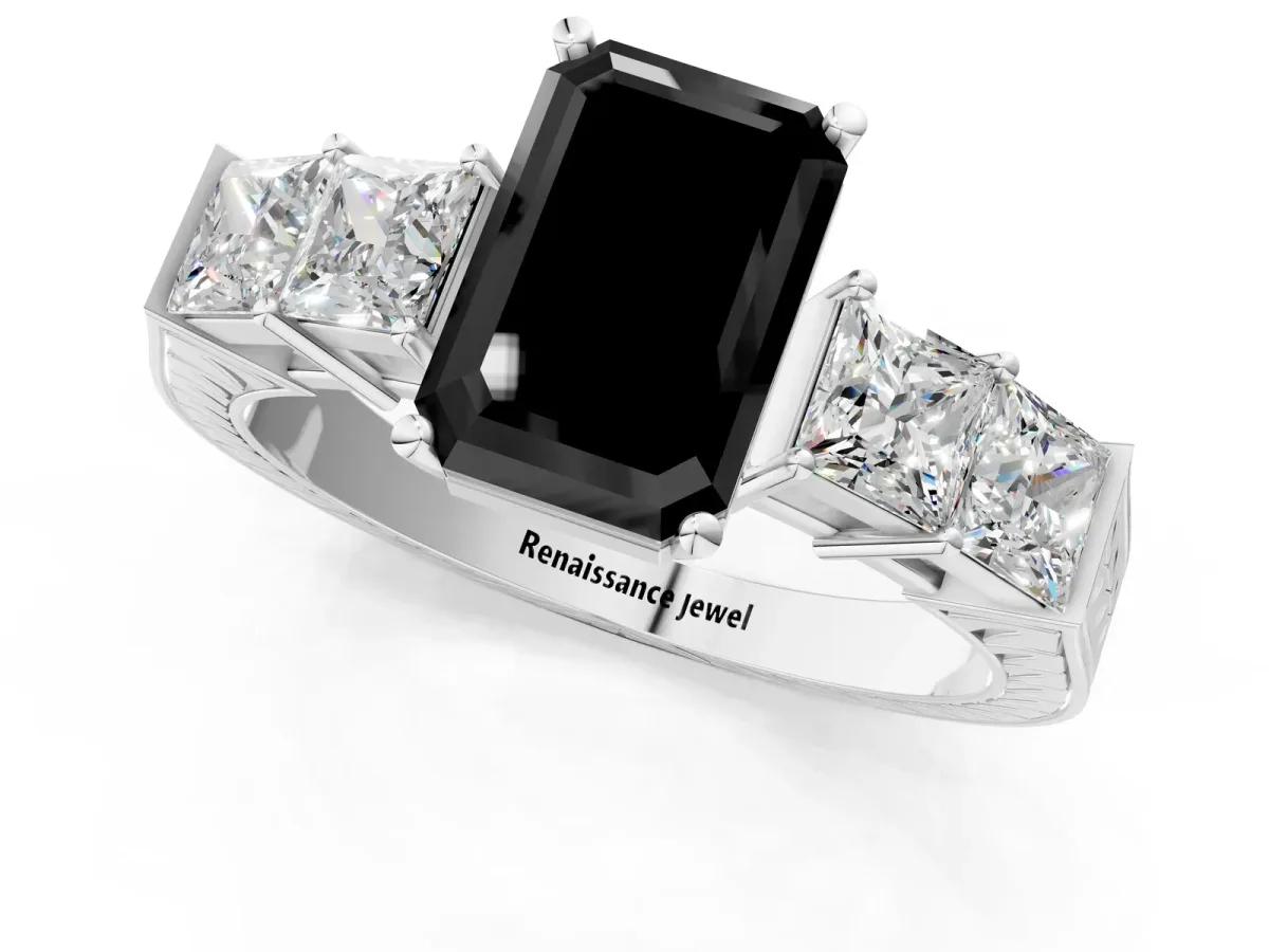 Fancy Black Emerald Cut Solitaire Princess Side Stone Engraved Band Prong Setting Ring White gold
