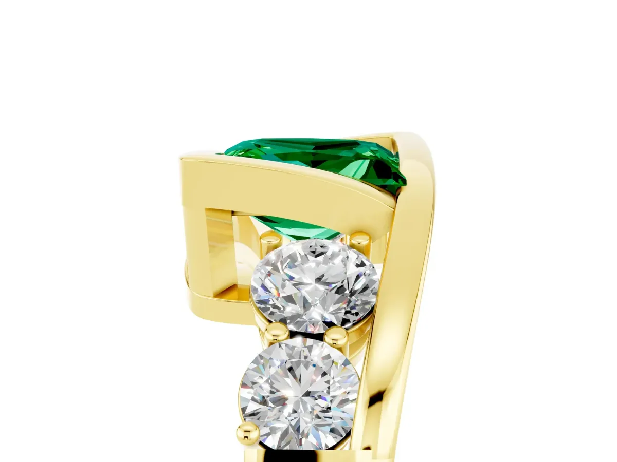 Bezel Set Princess Cut Emerald Bypass Ring with Round Accents Yellow gold