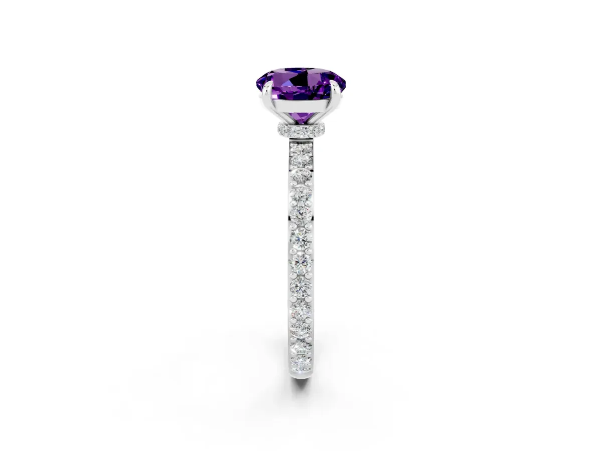 Round Cut Amethyst Solitaire Engagement Ring with Pavé Band and Four-Prong Setting Silver