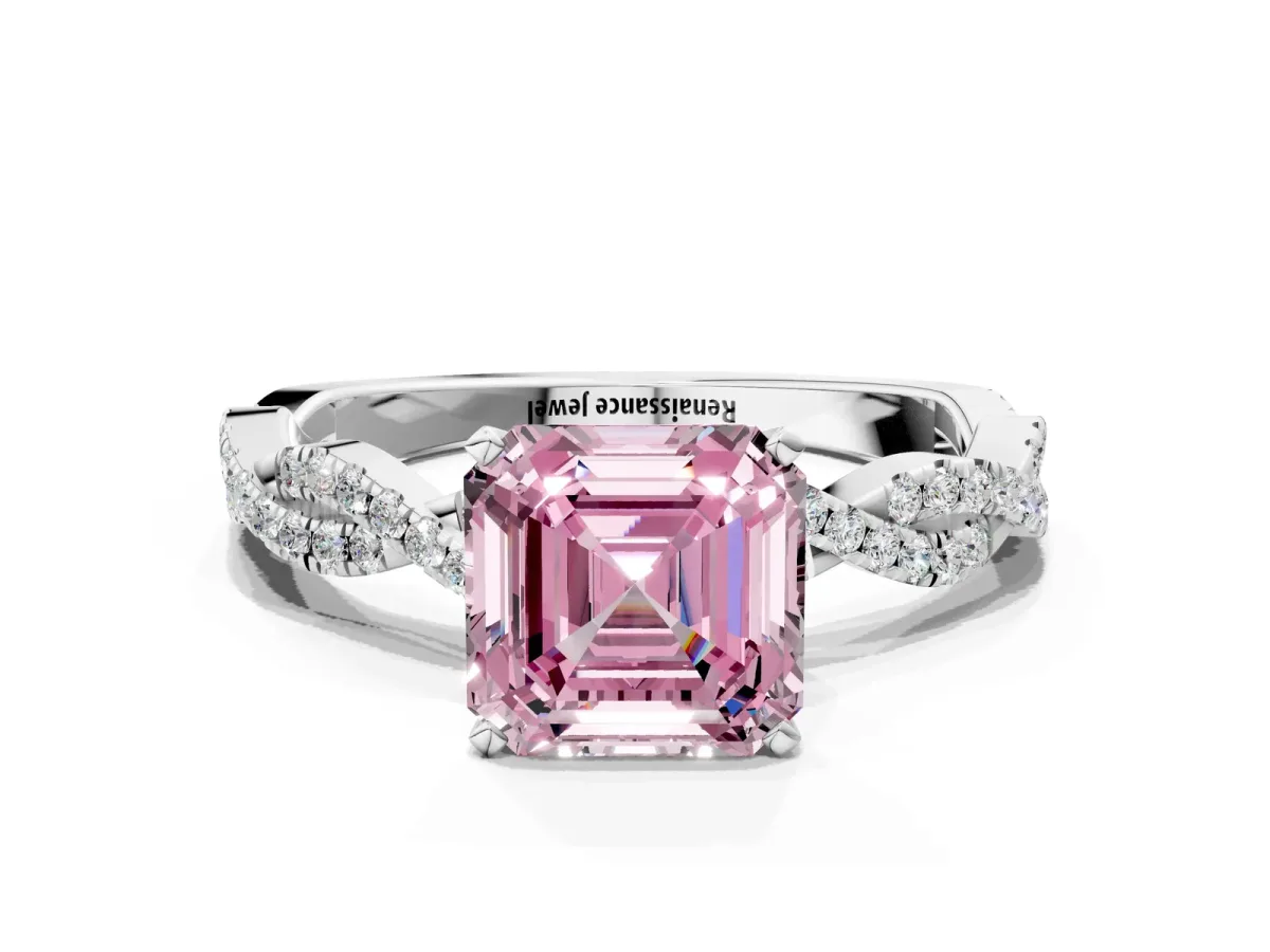 Fancy Pink Asscher Cut Solitaire Twisted Pave Band with Four-Prong Setting Platinum