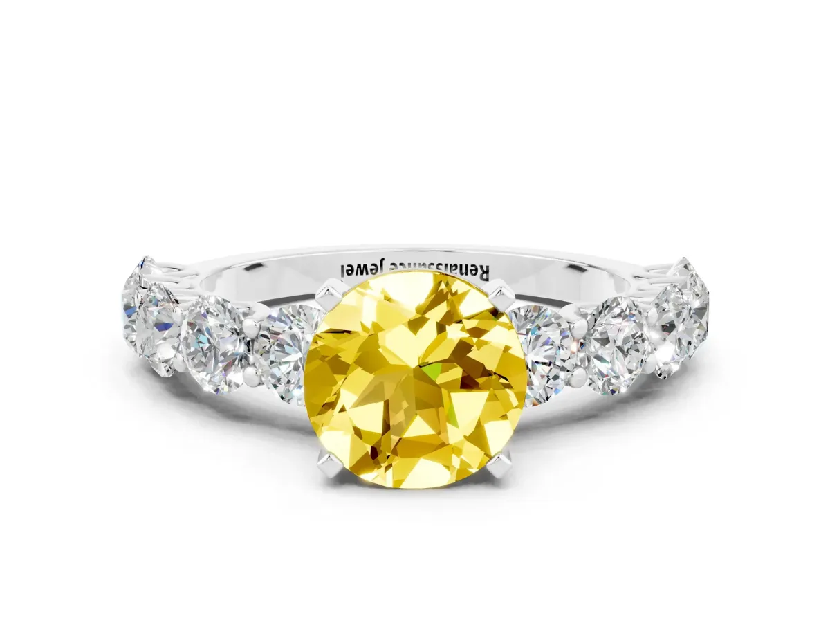 Round Cut Yellow Sapphire Prong Setting with Side Stones on a Pave Band Silver