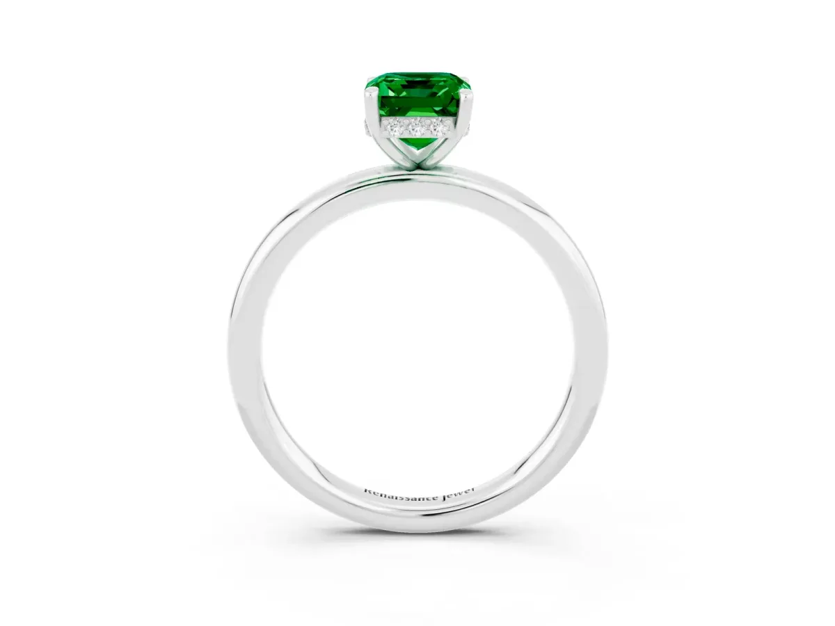 Emerald Cut Emerald Solitaire Ring with Thin Band and Four-Prong Setting White gold