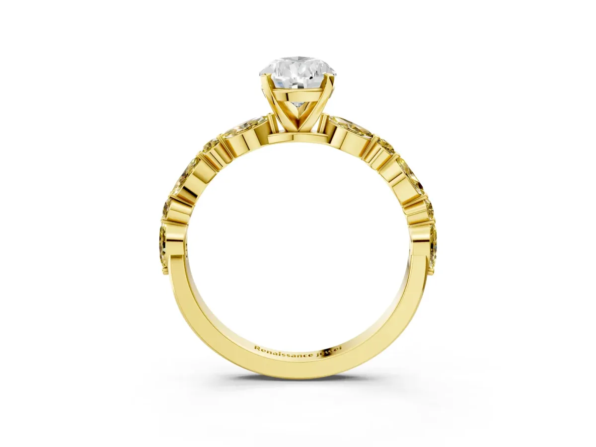 Pear Cut Diamond Ring with Marquise and Round Yellow Sapphire Side Stones and Four-Prong Setting Yellow gold