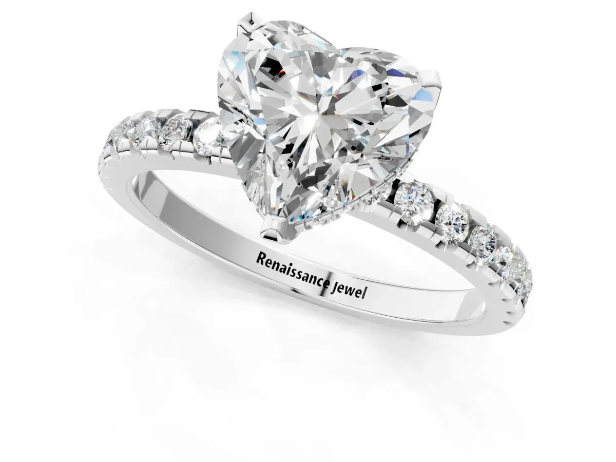Heart Cut Diamond Solitaire Ring with Round Moissanite Pavé Band and Four-Prong Setting White gold