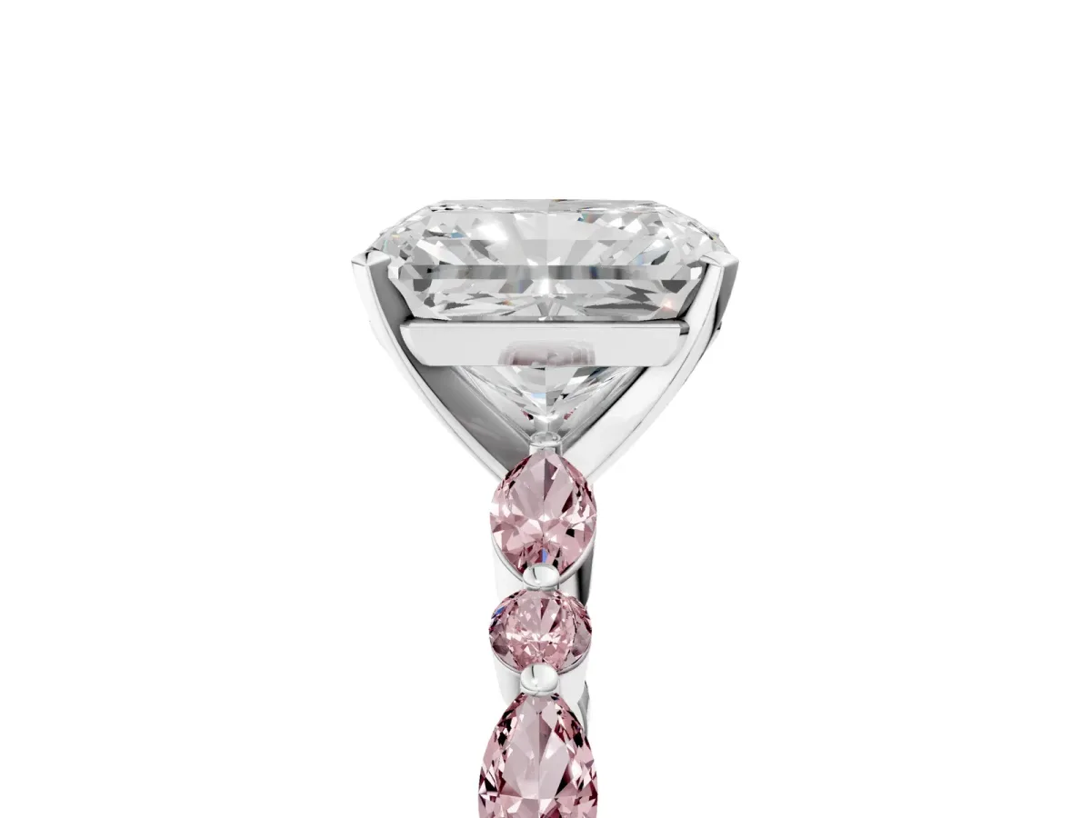 Radiant Cut Diamond Ring with Marquise and Round Morganite Side Stones and Four-Prong Setting White gold