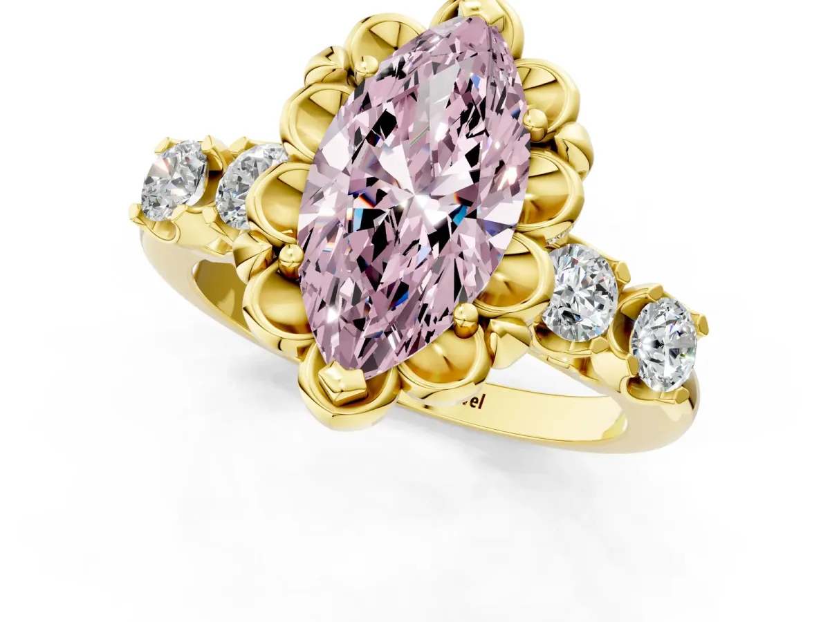 Fancy Pink Marquise Cut Cut Diamond Floral Halo Engagement Ring with Shared Prong Setting Yellow gold