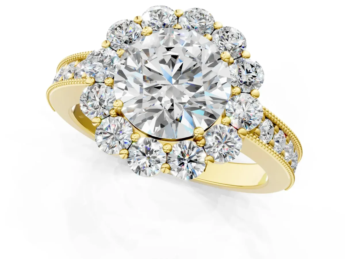 Round Cut Cut Halo Diamond Pavé Engagement Ring with Milgrain Detailing Yellow gold