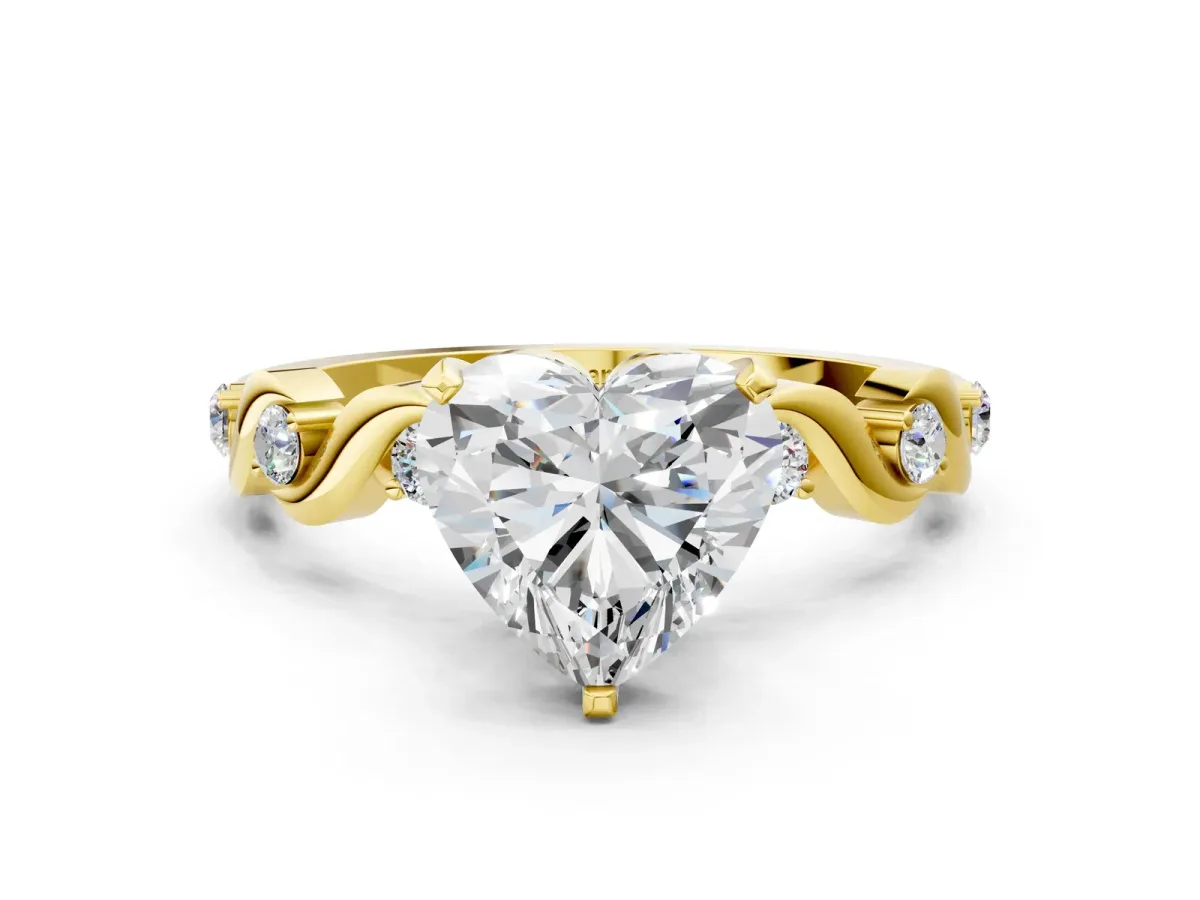 Heart Cut Diamond Solitaire Twisted Band with Round Accents and Prong Setting Yellow gold