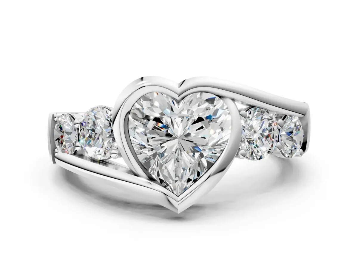 Bezel Set Heart Cut Diamond Bypass Ring with Round Accents White gold