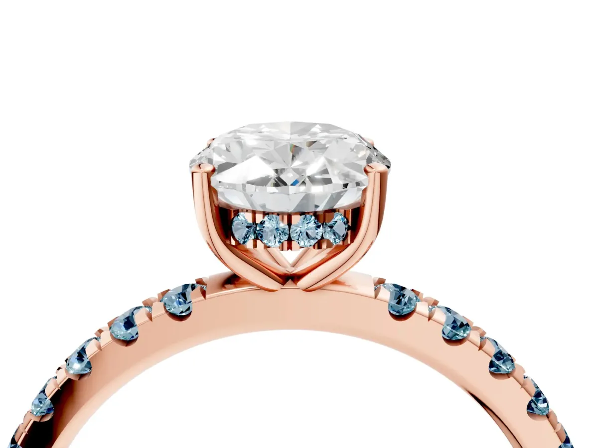 Oval Cut Diamond Pave Band Solitaire Ring with Round Aquamarine and Prong Setting Rose gold