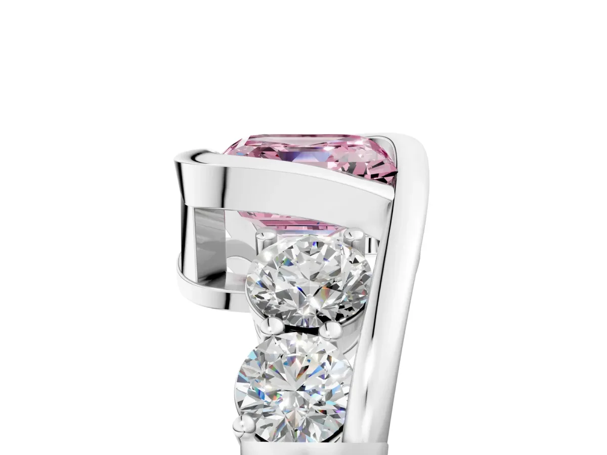 Fancy Pink Bezel Set Asscher Cut Diamond Bypass Ring with Round Accents White gold