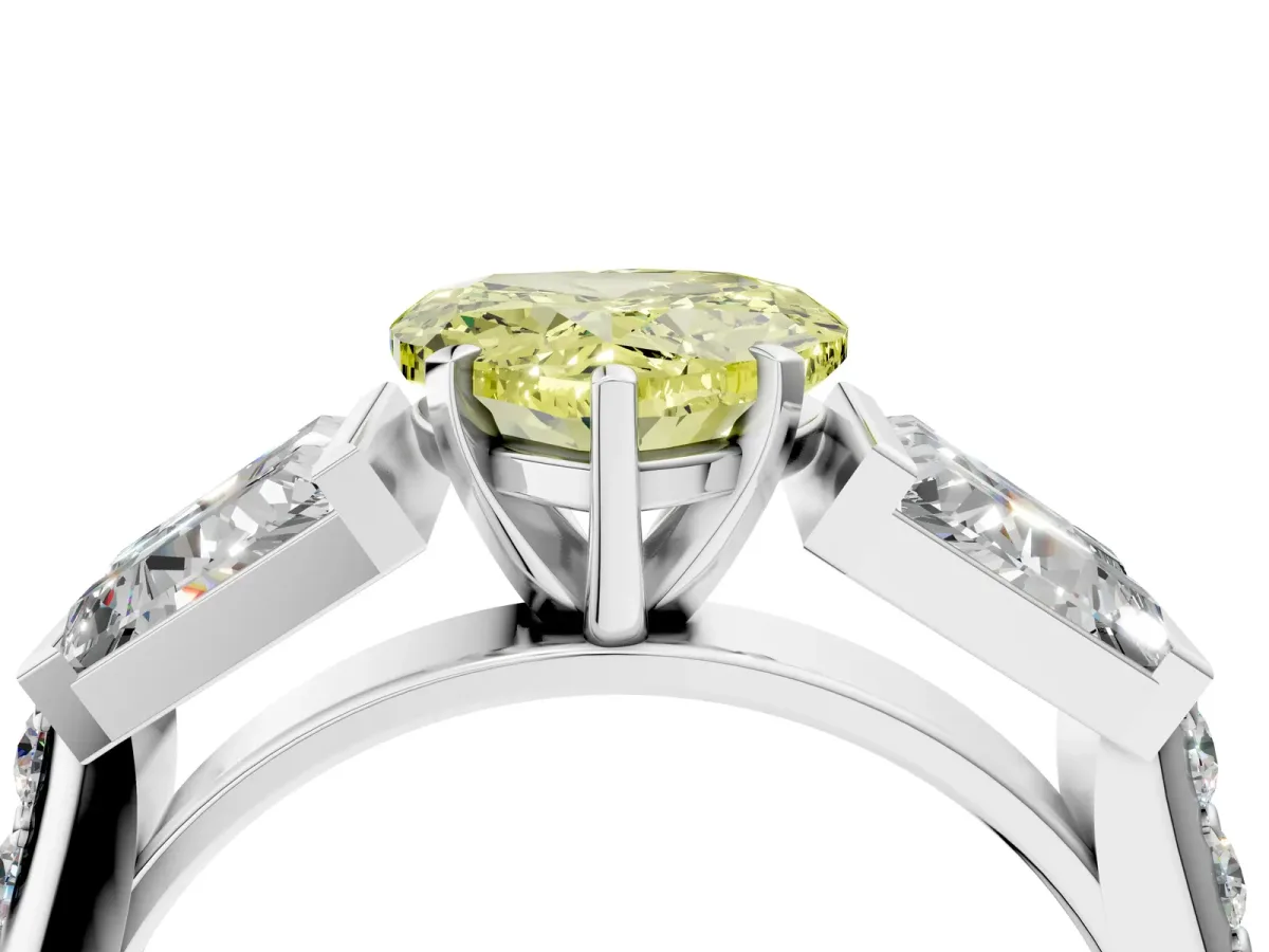 Fancy Yellow Heart Cut Diamond Engagement Ring with Baguette Side Stones and Channel Set Band Platinum
