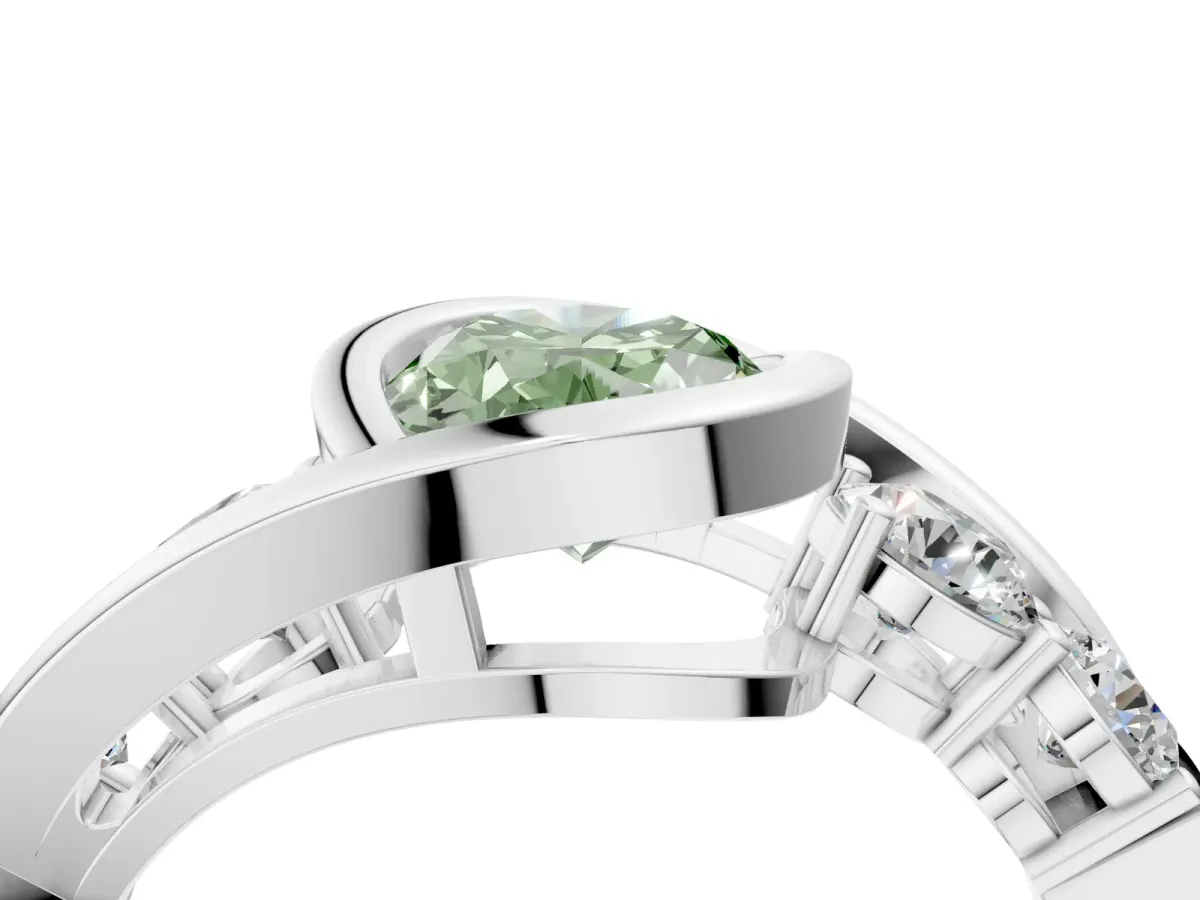 Fancy Green Bezel Set Oval Cut Diamond Bypass Ring with Round Accents Silver