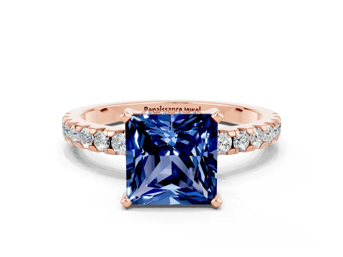 Princess Cut Blue Sapphire Solitaire Ring with Round Pavé Band and Four-Prong Setting Rose gold