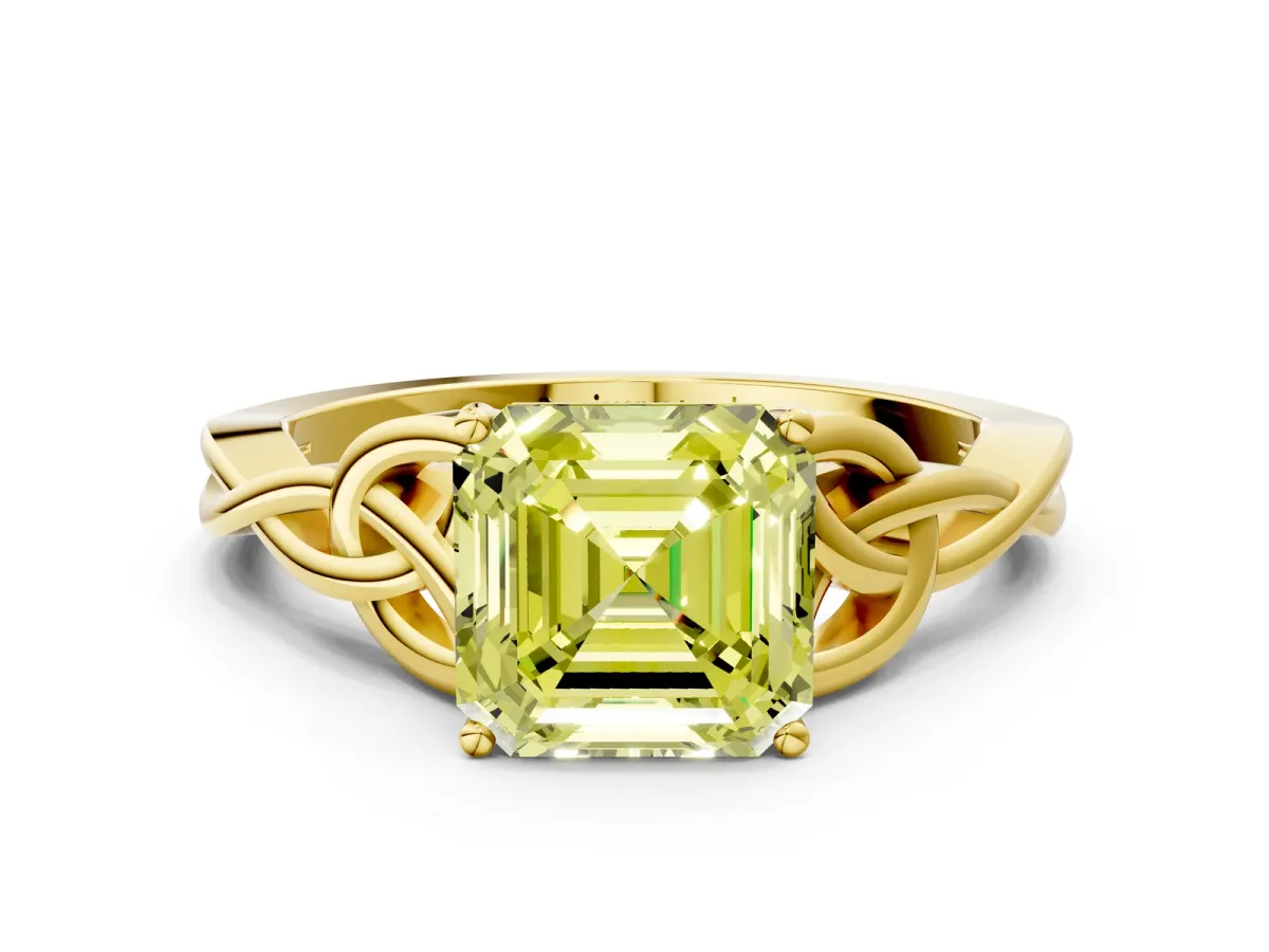 Fancy Yellow Asscher Cut Diamond Solitaire Engagement Ring with Celtic Knot Band and Four-Prong Setting Yellow gold