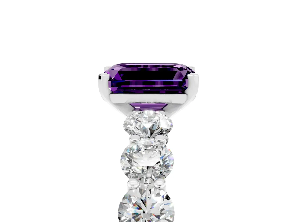Emerald Cut Amethyst Prong Setting with Side Stones on a Pave Band Silver
