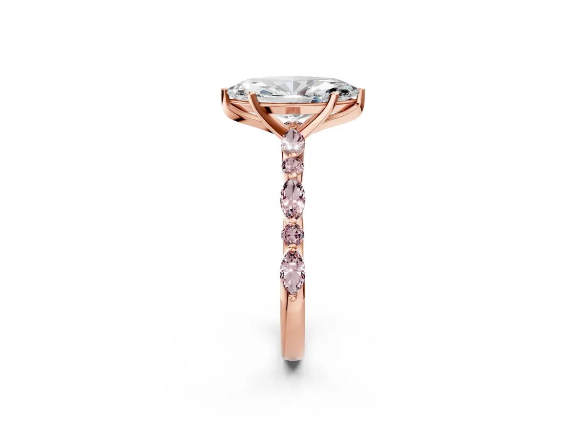 Marquise Cut Diamond Ring with Marquise and Round Morganite Side Stones and Four-Prong Setting Rose gold
