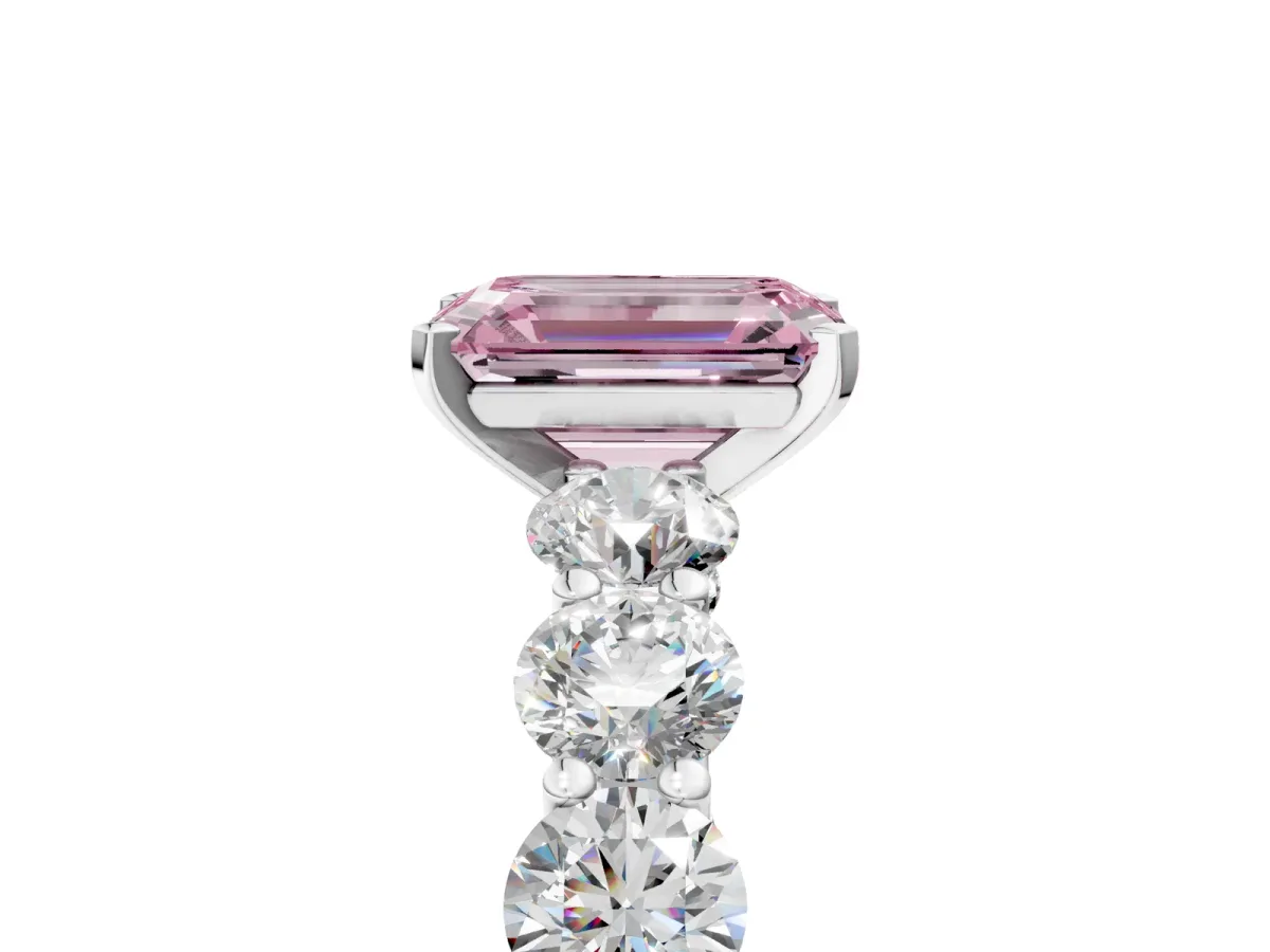 Fancy Pink Emerald Cut Diamond Prong Setting with Side Stones on a Pave Band Silver
