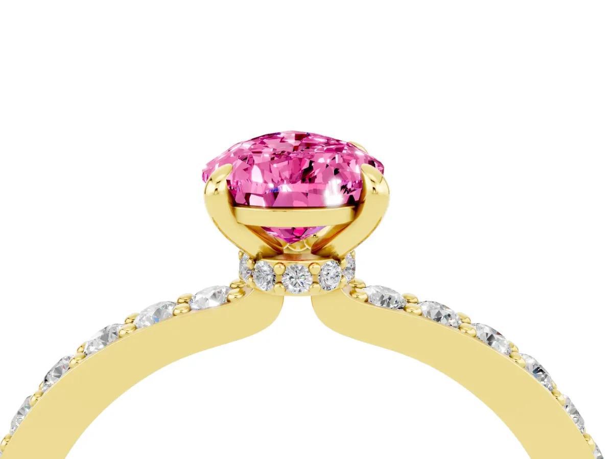 Pear Cut Pink Sapphire Solitaire Engagement Ring with Pavé Band and Four-Prong Setting Yellow gold
