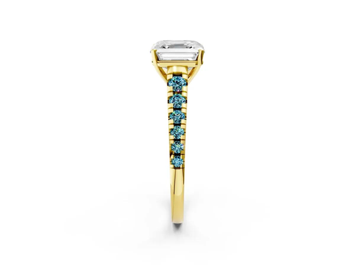 Asscher Cut Diamond Cathedral Solitaire Ring with Round Blue Topaz Pavé Band Yellow gold
