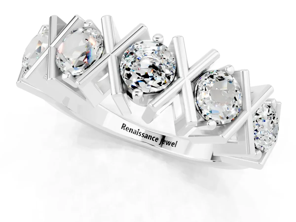 Round Moissanite Channel Set Band with X-Prong Detail White gold