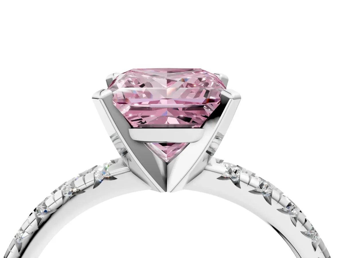 Fancy Pink Princess Cut Diamond Solitaire Pavé Engagement Ring with Round Band and Prong Setting White gold