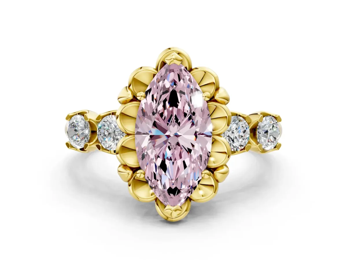 Fancy Pink Marquise Cut Cut Diamond Floral Halo Engagement Ring with Shared Prong Setting Yellow gold