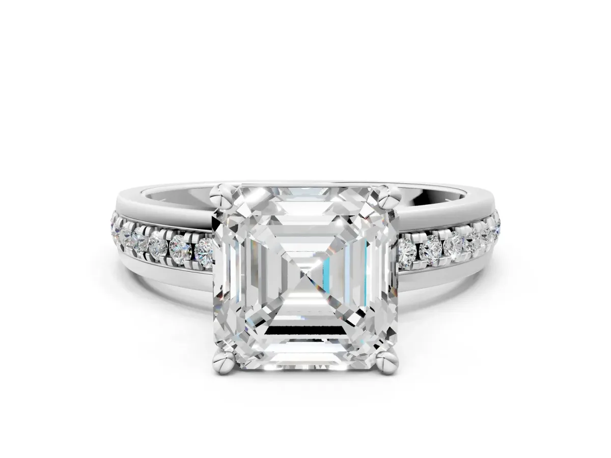 Asscher Cut Solitaire Diamond Ring with Channel Set Band and Six-Prong Setting Platinum