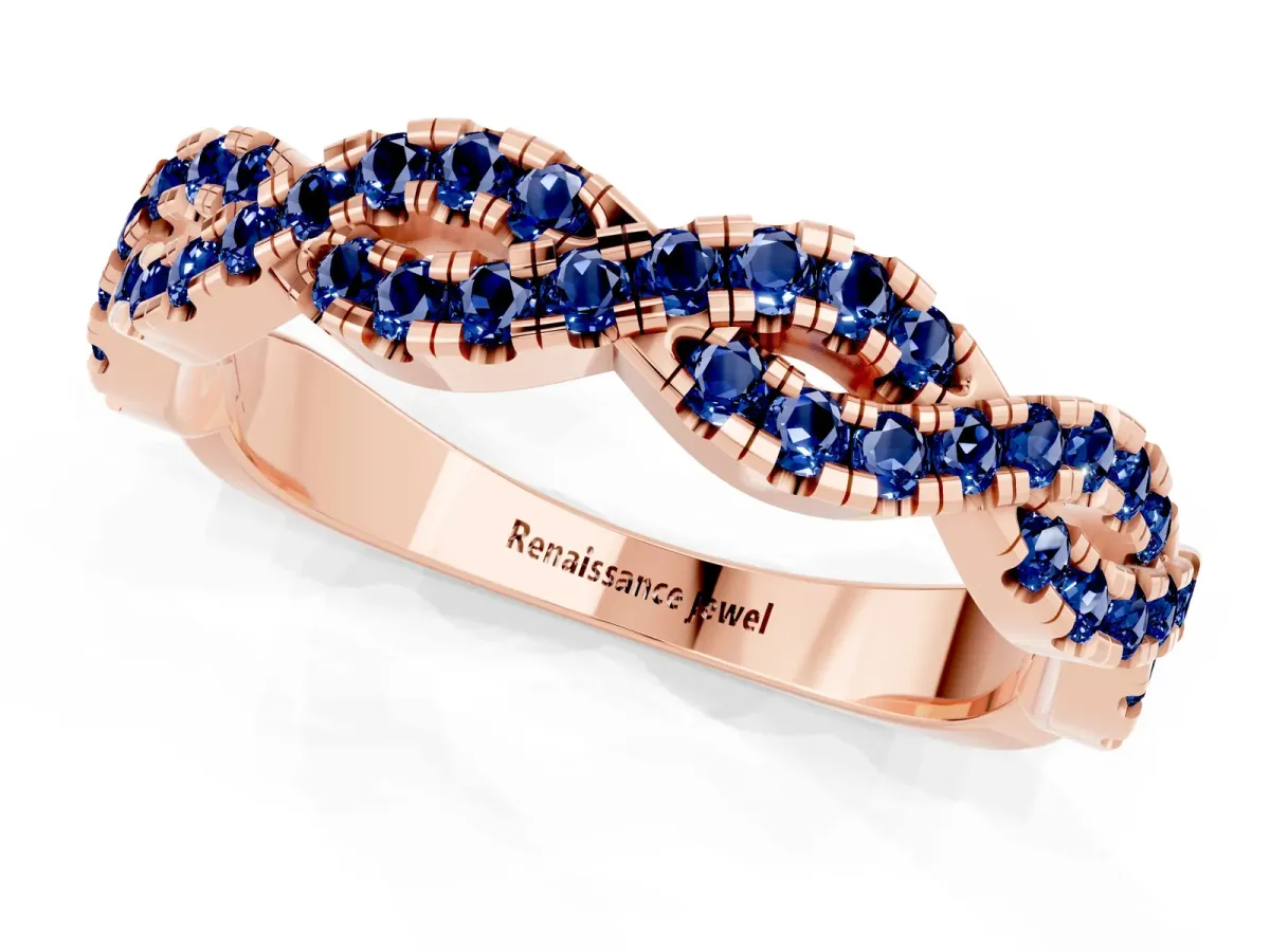 Round Blue Sapphire Twisted Eternity Band with Pavé and Shared Prong Setting Rose gold