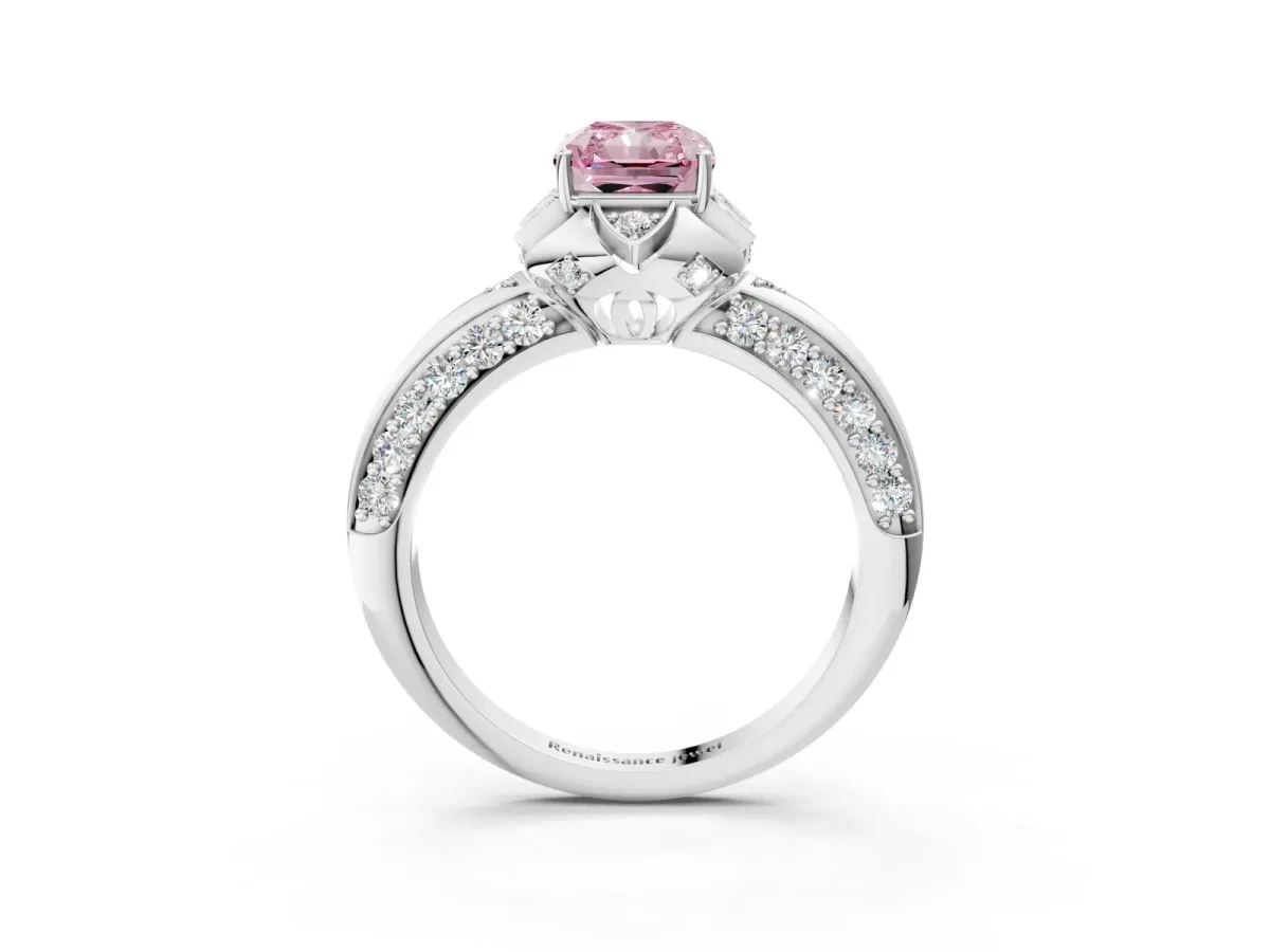 Fancy Pink Radiant Cut Halo Split Shank Pave Diamond Ring with Petal Prong Setting Platinum
