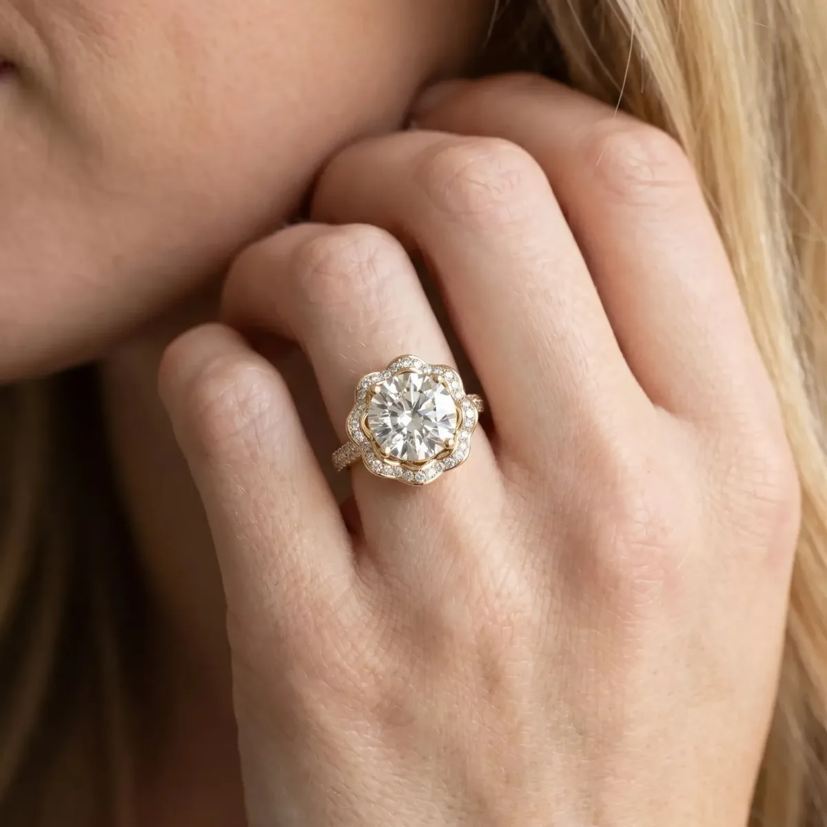Round Cut Halo Diamond Floral Pave Band Ring with Four-Prong Setting Yellow gold