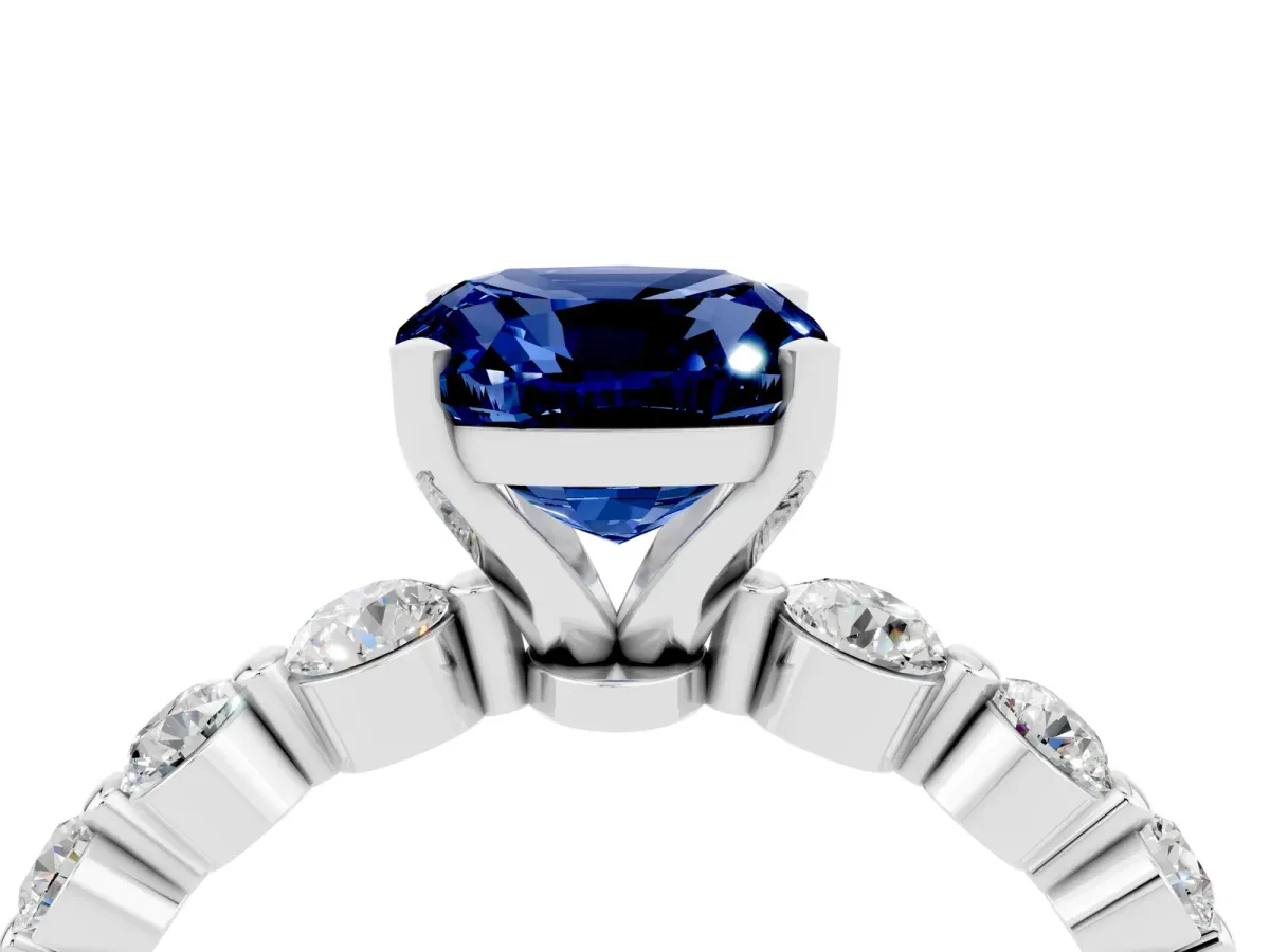 Cushion Cut Solitaire Blue Sapphire Ring with Pave Band and Four-Prong Setting Silver