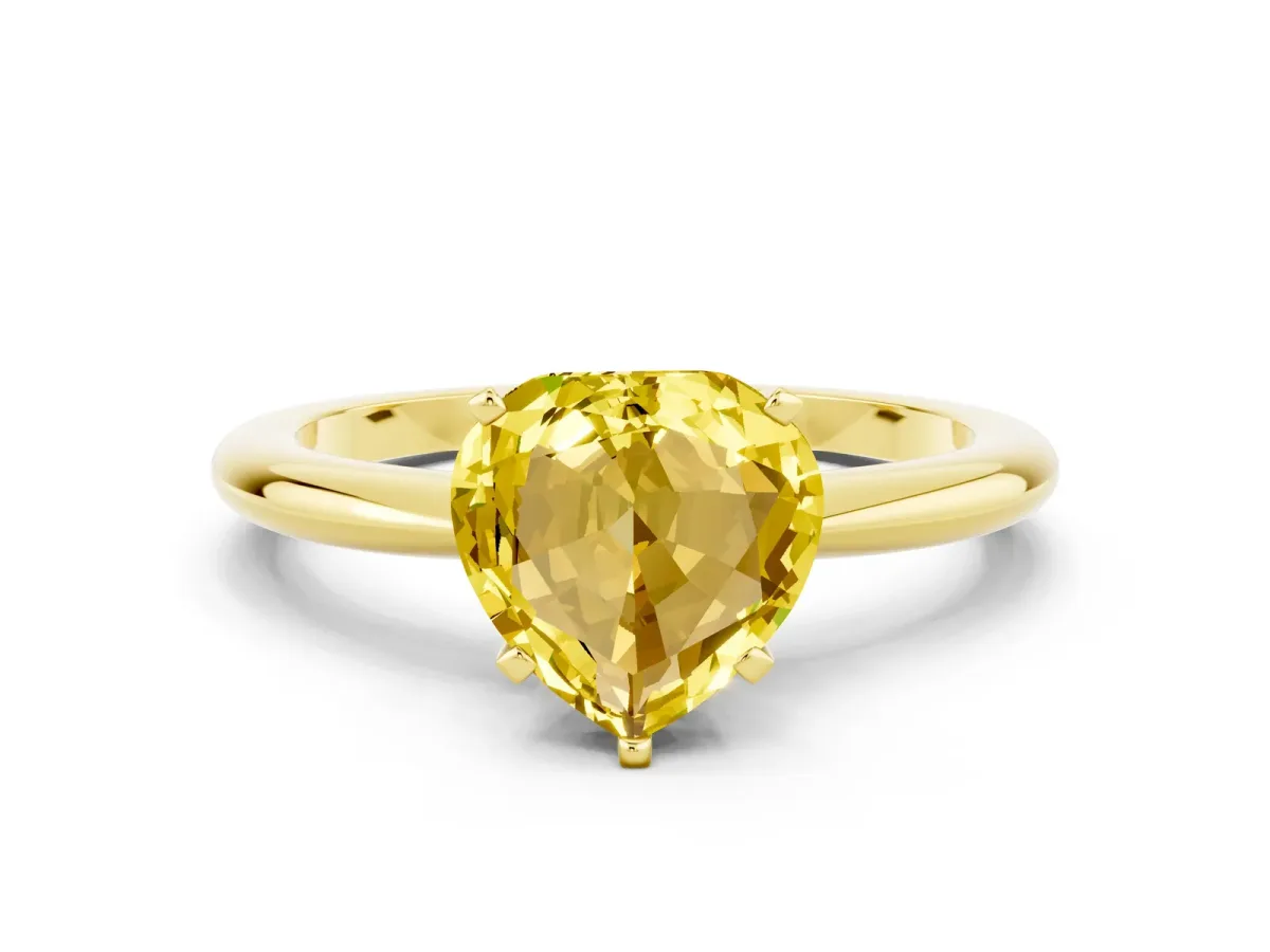 Heart Cut Yellow Sapphire Solitaire Ring with Six-Prong Setting and Classic Band Yellow gold