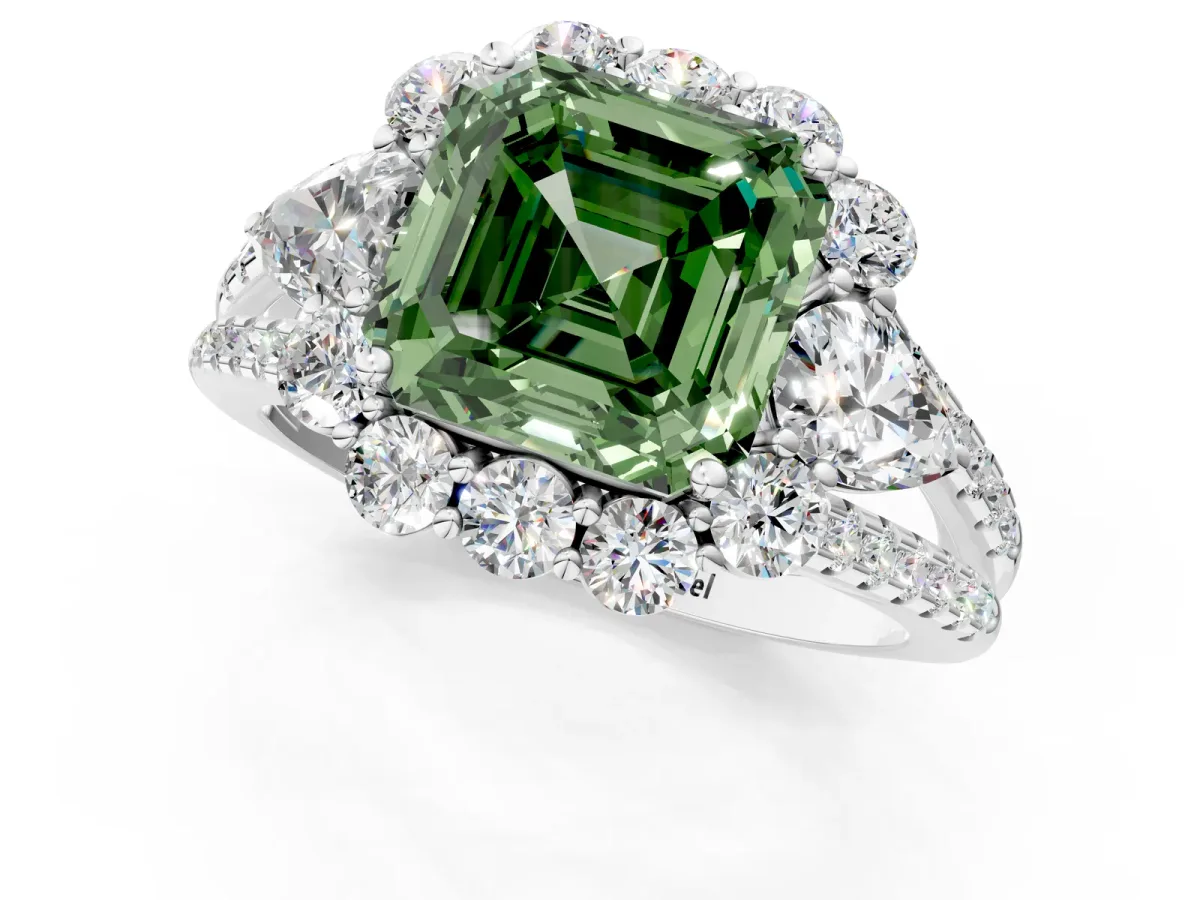 Fancy Green Asscher Cut Halo Split Shank Diamond Engagement Ring with Prong Setting Platinum