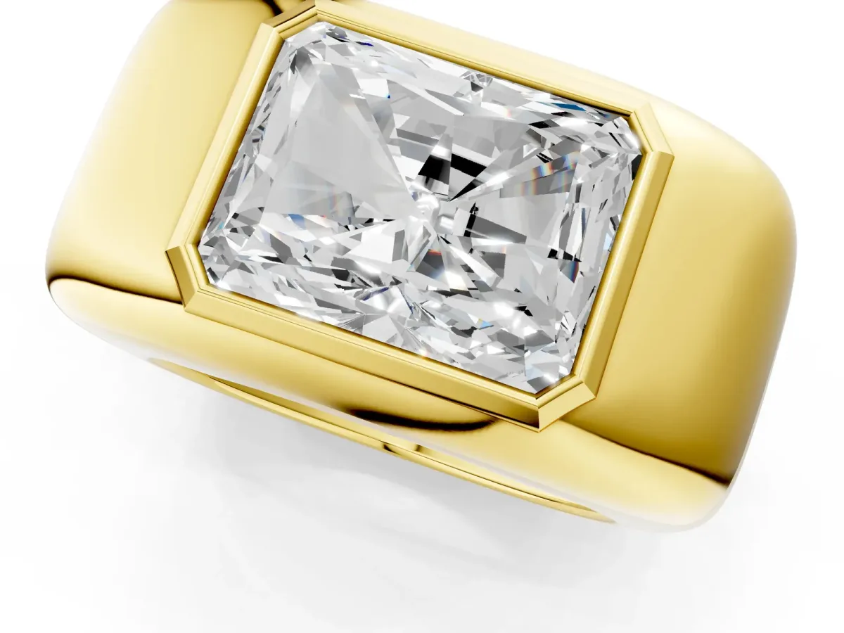 Radiant Diamond Bezel Set Mens Ring Yellow gold