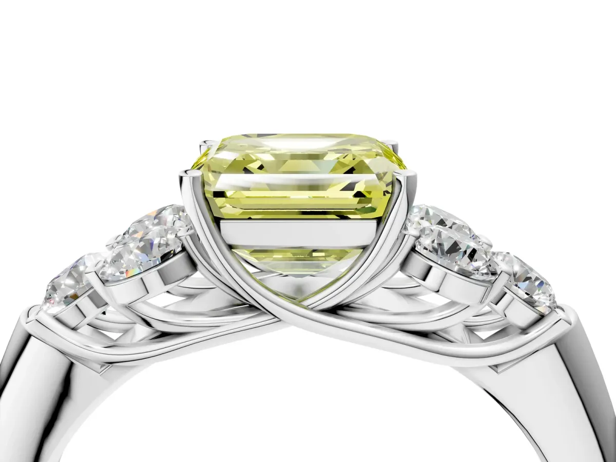 Fancy Yellow Asscher Cut Cut Diamond Cluster Ring with Round Accent Stones and Prong Setting on a Classic Band Platinum