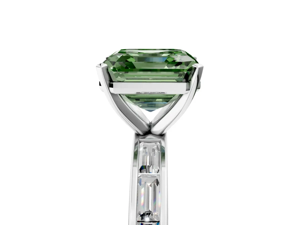 Fancy Green Asscher Cut Solitaire Diamond Ring with Channel-Set Baguette Band and Four-Prong Setting White gold