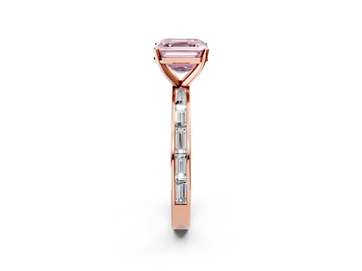 Fancy Pink Asscher Cut Solitaire Diamond Ring with Channel-Set Baguette Band and Four-Prong Setting Rose gold