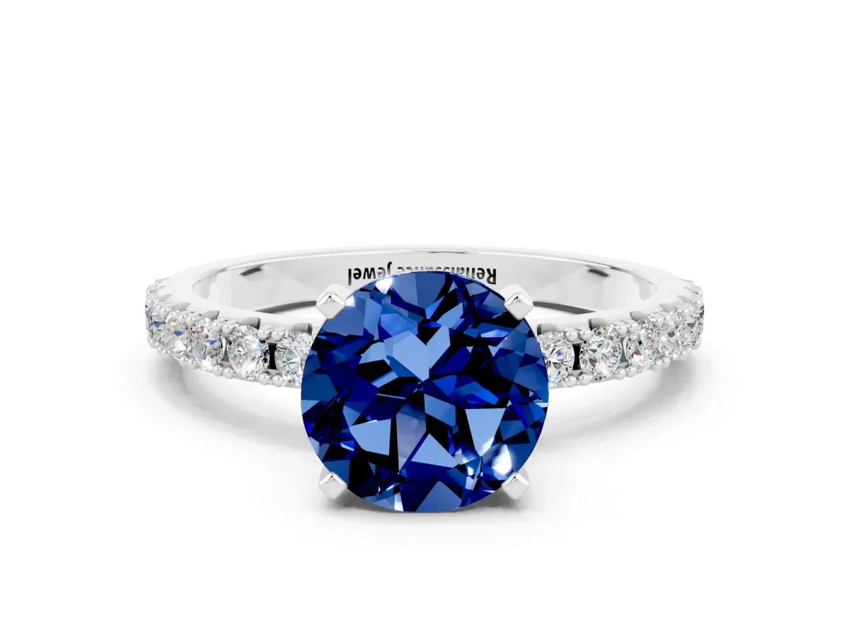 Round Cut Blue Sapphire Solitaire Pavé Band with Four-Prong Setting Silver