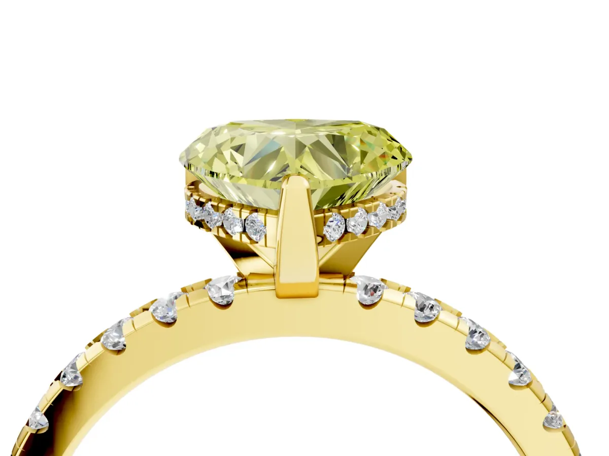 Fancy Yellow Heart Cut Diamond Solitaire Ring with Round Pavé Band and Four-Prong Setting Yellow gold