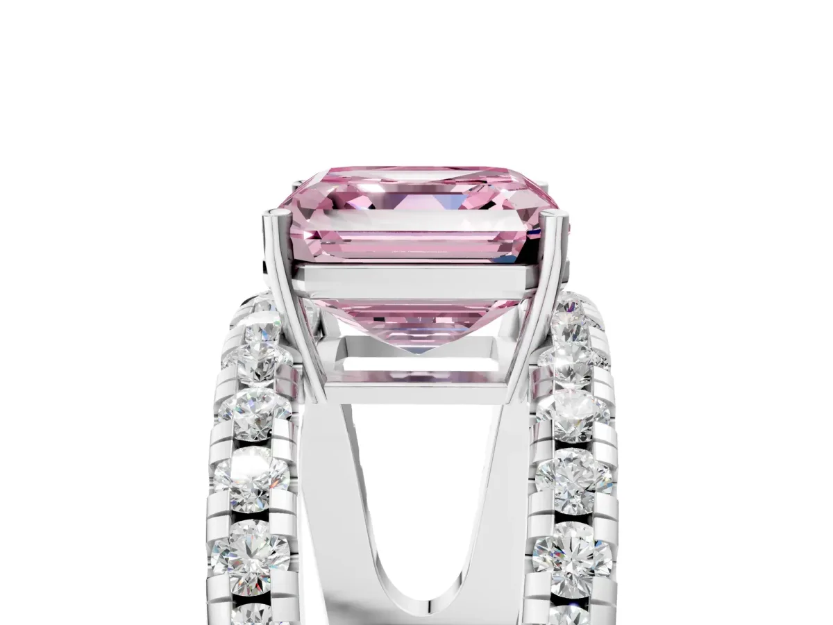Fancy Pink Asscher Cut Solitaire Split Shank Pave Diamond Ring Platinum