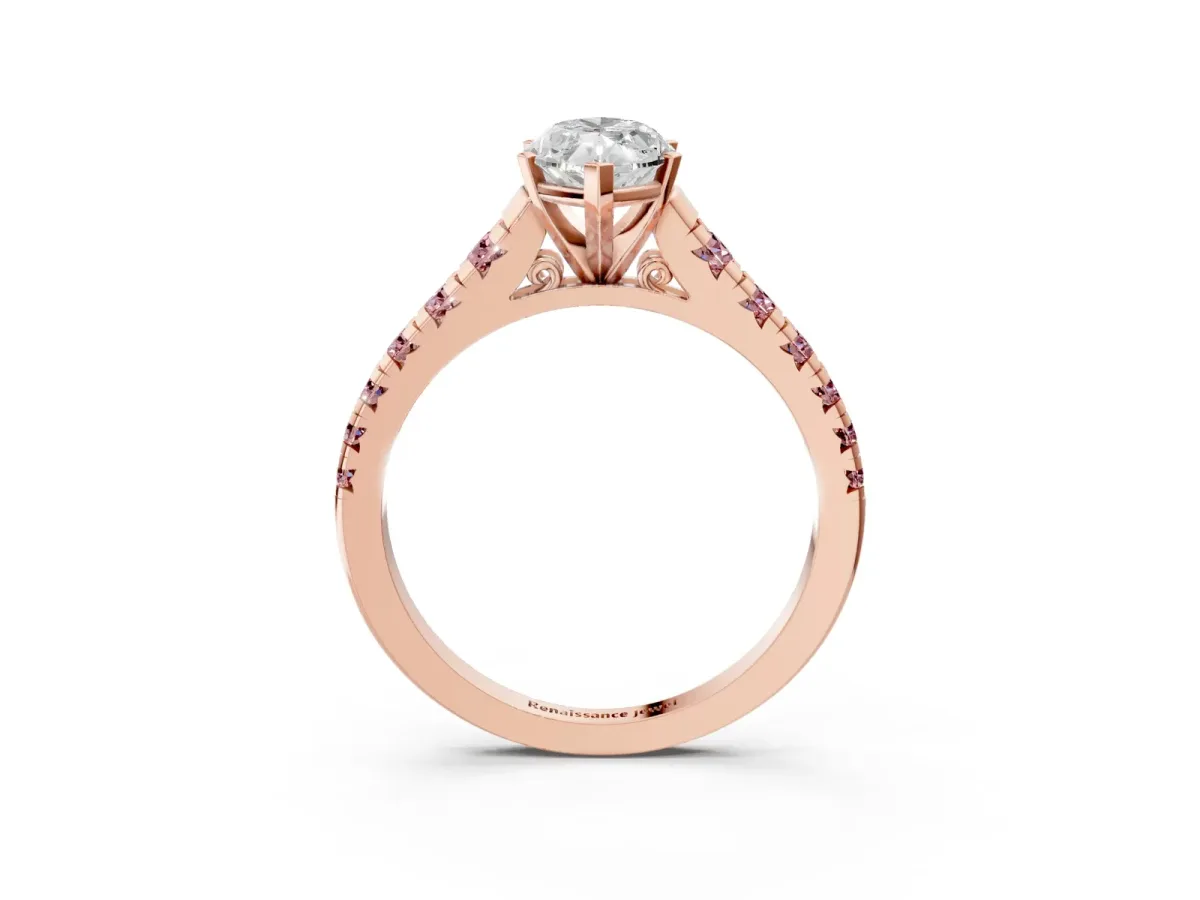 Marquise Cut Diamond Cathedral Solitaire Ring with Round Morganite Pavé Band Rose gold