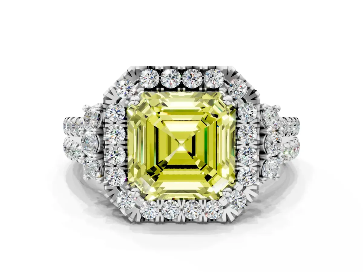 Fancy Yellow Asscher Cut Cut Double Halo Diamond Engagement Ring with Pave Band and Four-Prong Setting Platinum