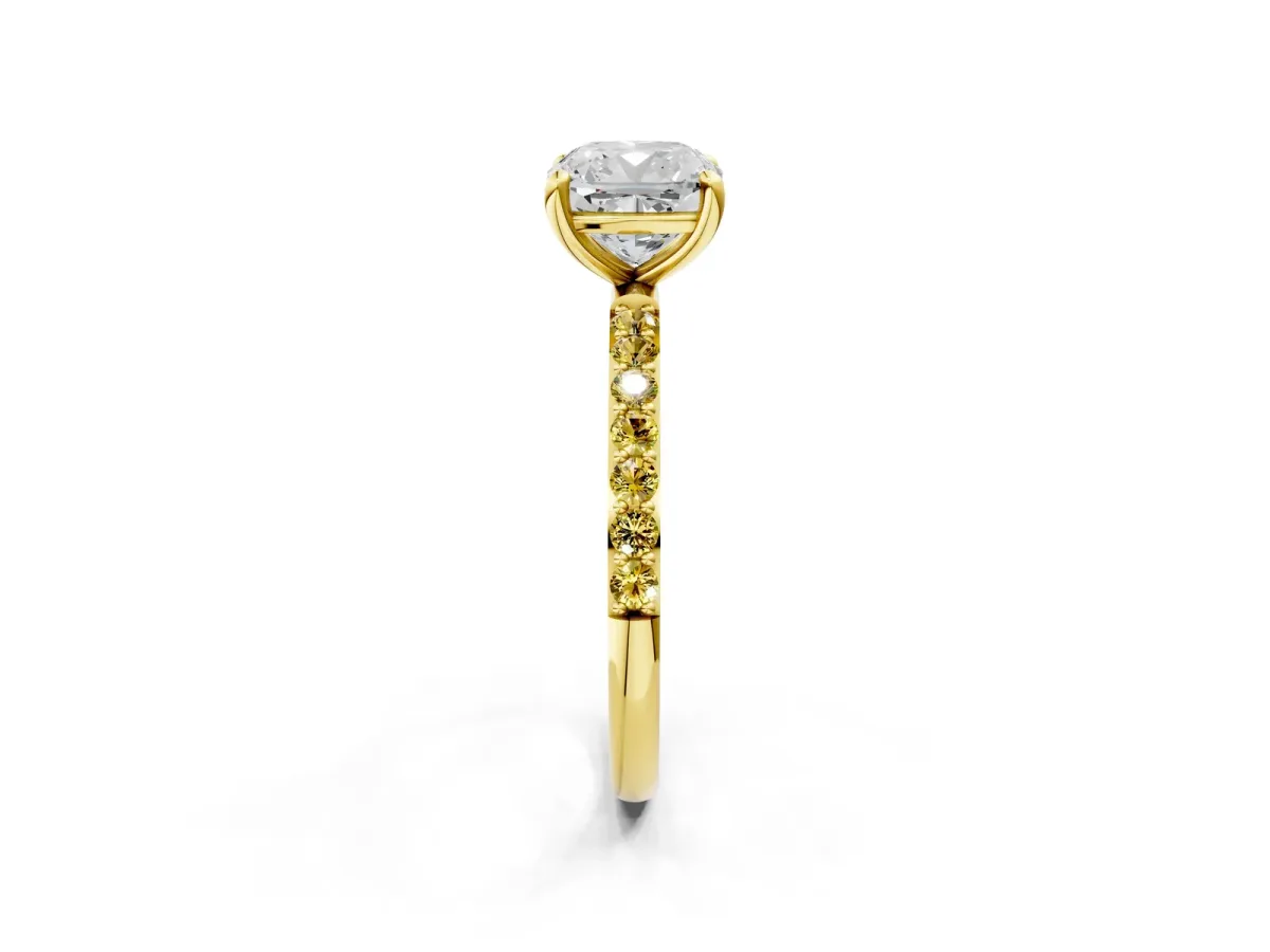 Cushion Cut Diamond Solitaire Ring with Round Yellow Sapphire Pavé Band and Prong Setting Yellow gold
