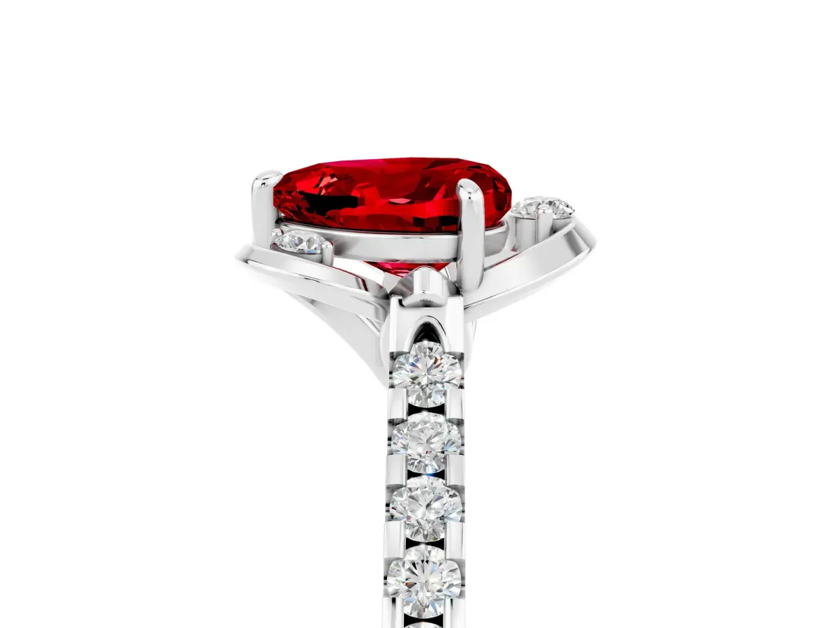 Heart Cut Ruby Ring with Pavé Band and Floral Prong Setting Silver