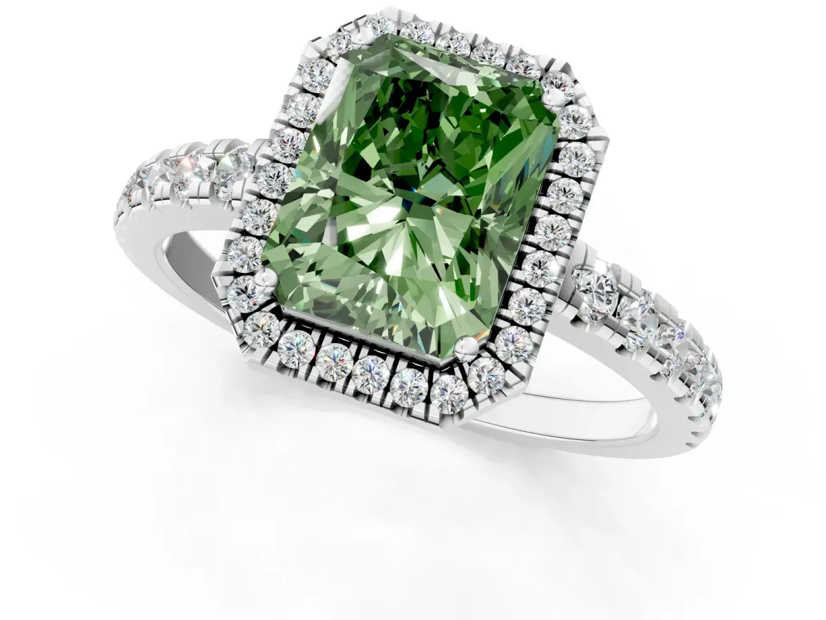 Fancy Green Radiant Cut Diamond Halo Ring with Pavé Band and Four-Prong Setting Platinum
