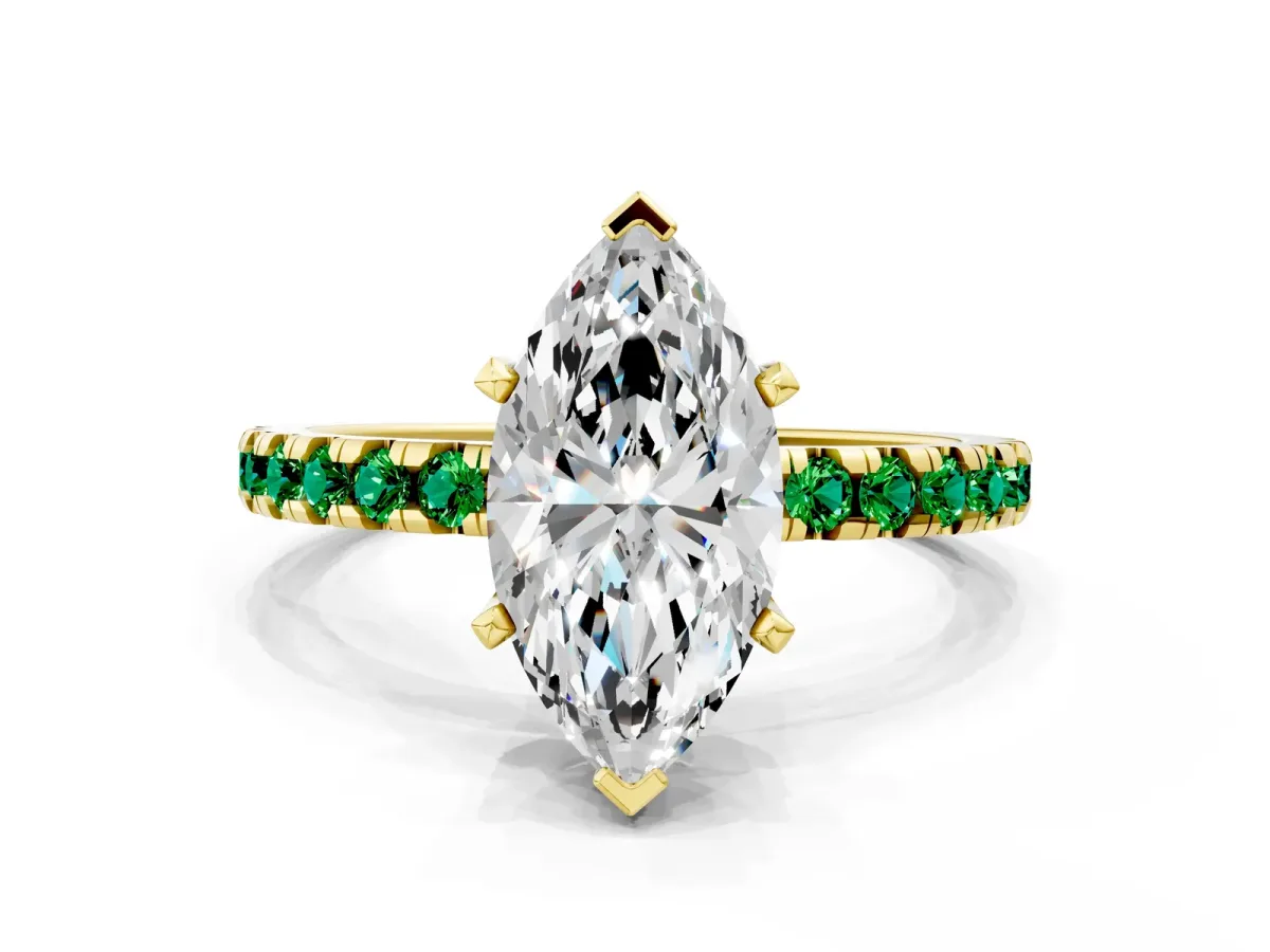 Marquise Cut Diamond Solitaire Ring with Round Emerald Pavé Band and Four-Prong Setting Yellow gold