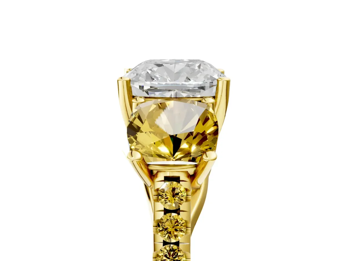 Three-Stone Cushion Cut Diamond Ring with Round Yellow Sapphire Pavé Band and Prong Setting Yellow gold
