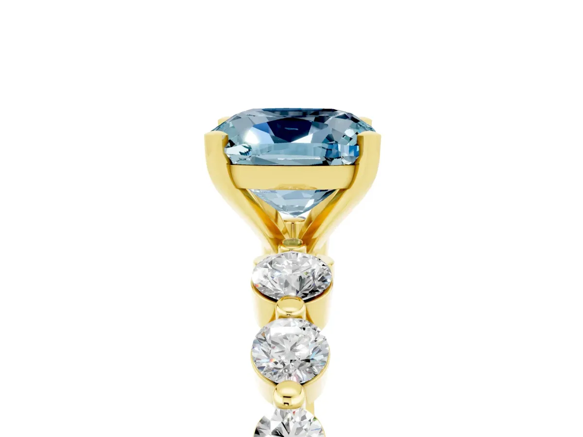 Cushion Cut Solitaire Aquamarine Ring with Pave Band and Four-Prong Setting Yellow gold